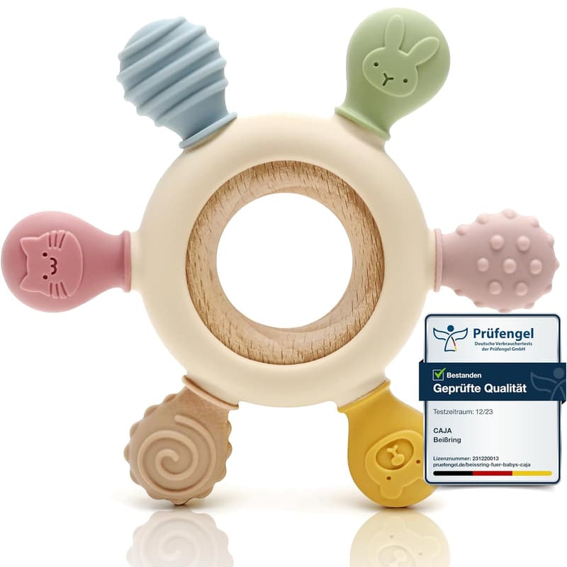 Silikon & Holz Beißring für Babys - BPA-frei, Tiermotive