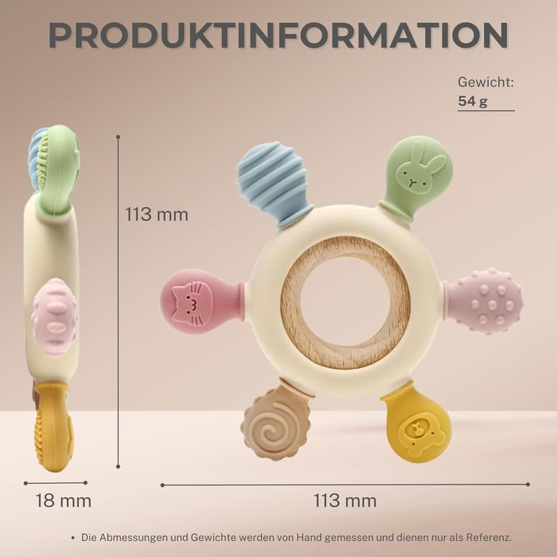 Silikon & Holz Beißring für Babys - BPA-frei, Tiermotive