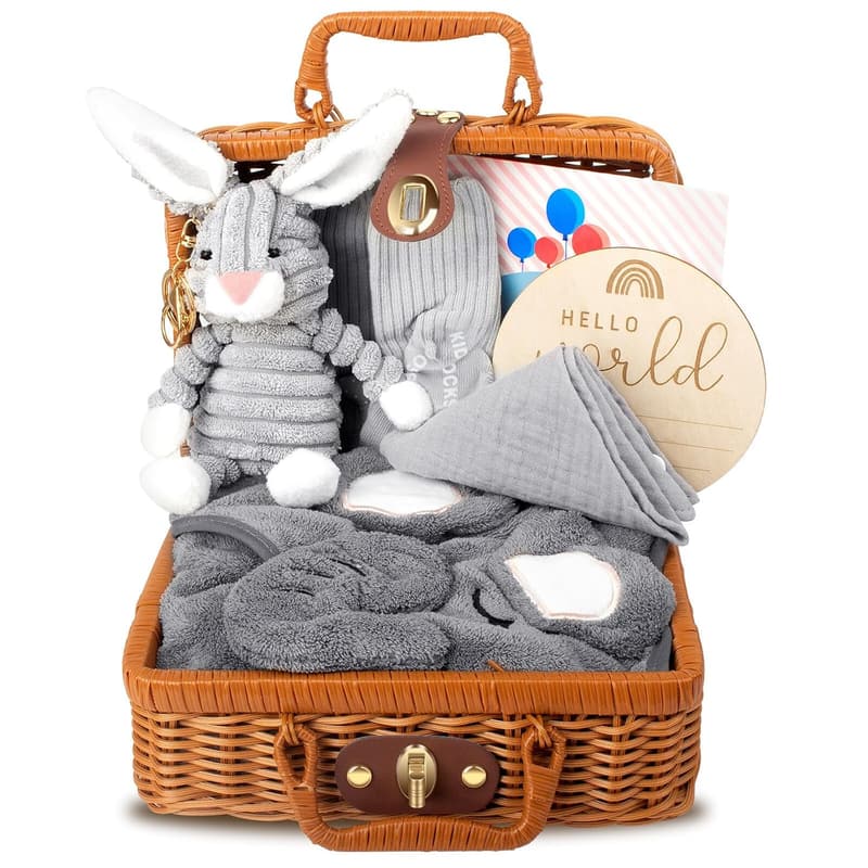 Neugeborenen Geschenkkorb 7-in-1 mit Babydecke, Plüschtier und Socken