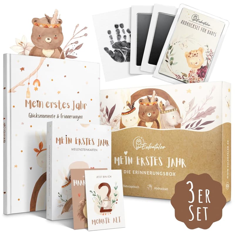Erinnerungsbox 3in1 für Babys: Album, Meilensteinkarten & Abdruckset