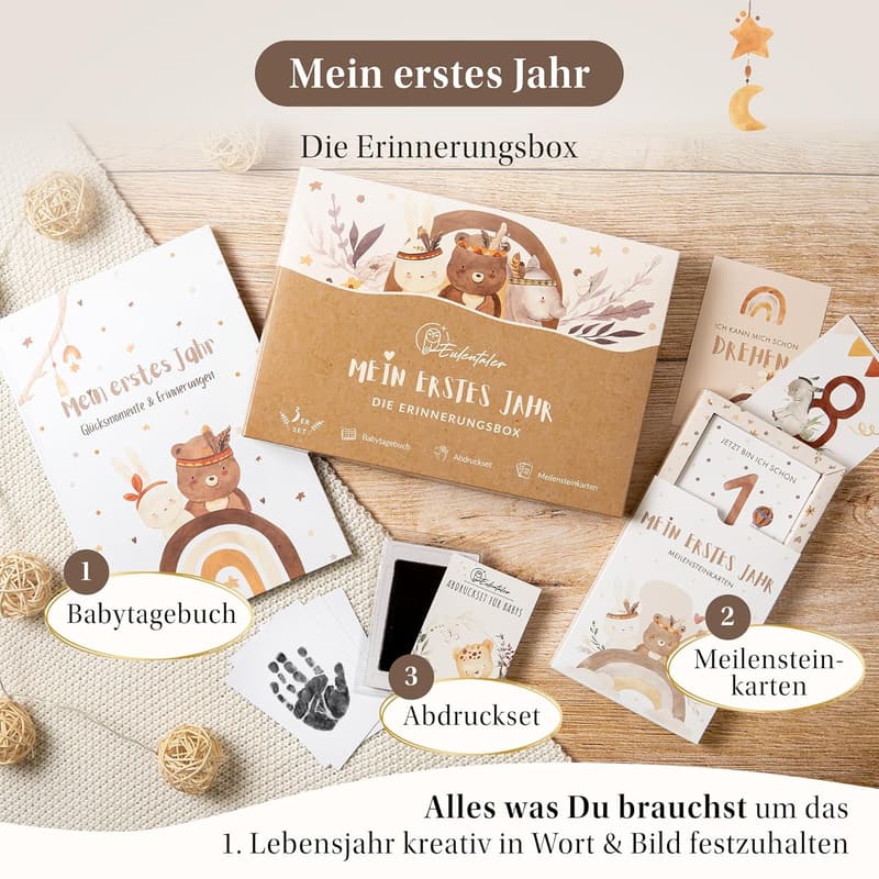 Erinnerungsbox 3in1 für Babys: Album, Meilensteinkarten & Abdruckset