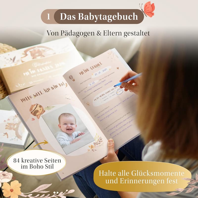 Erinnerungsbox 3in1 für Babys: Album, Meilensteinkarten & Abdruckset