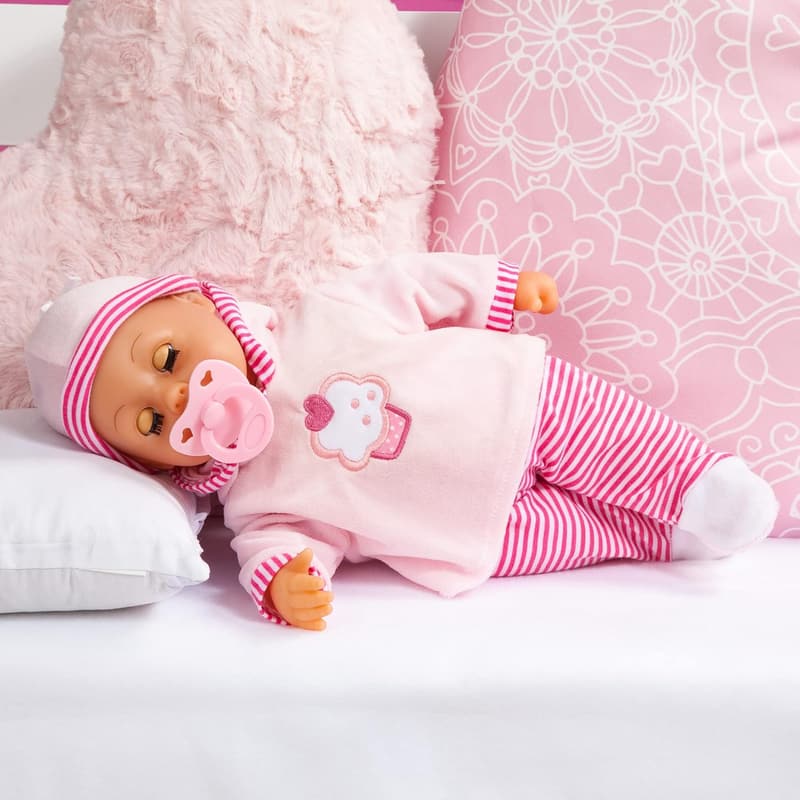 Babypuppe mit Schlafaugen, 24 Laute, 38 cm, Rosa/Streifen