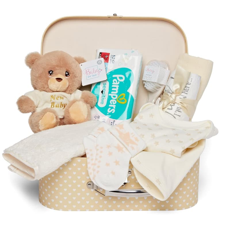 Babyparty Geschenkset mit 12 Essentials für Neugeborene – Creme
