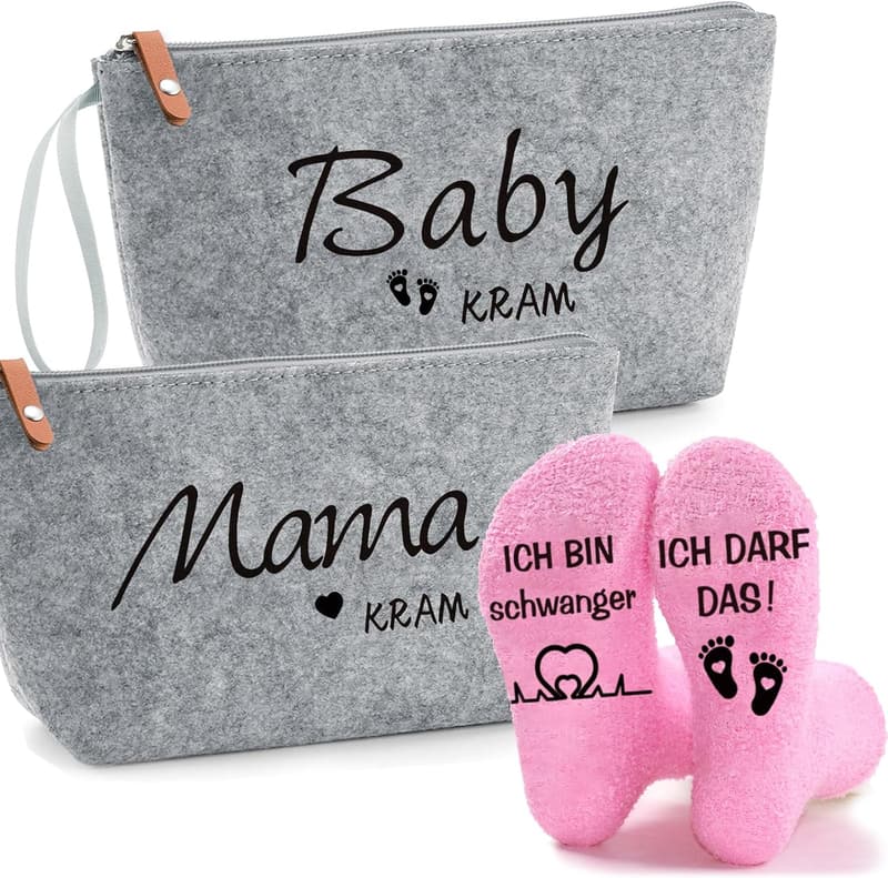 Geschenkset für werdende Mamas: Filz-Kosmetiktasche mit rosa Socken