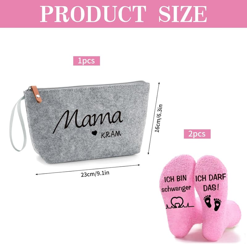 Geschenkset für werdende Mamas: Filz-Kosmetiktasche mit rosa Socken