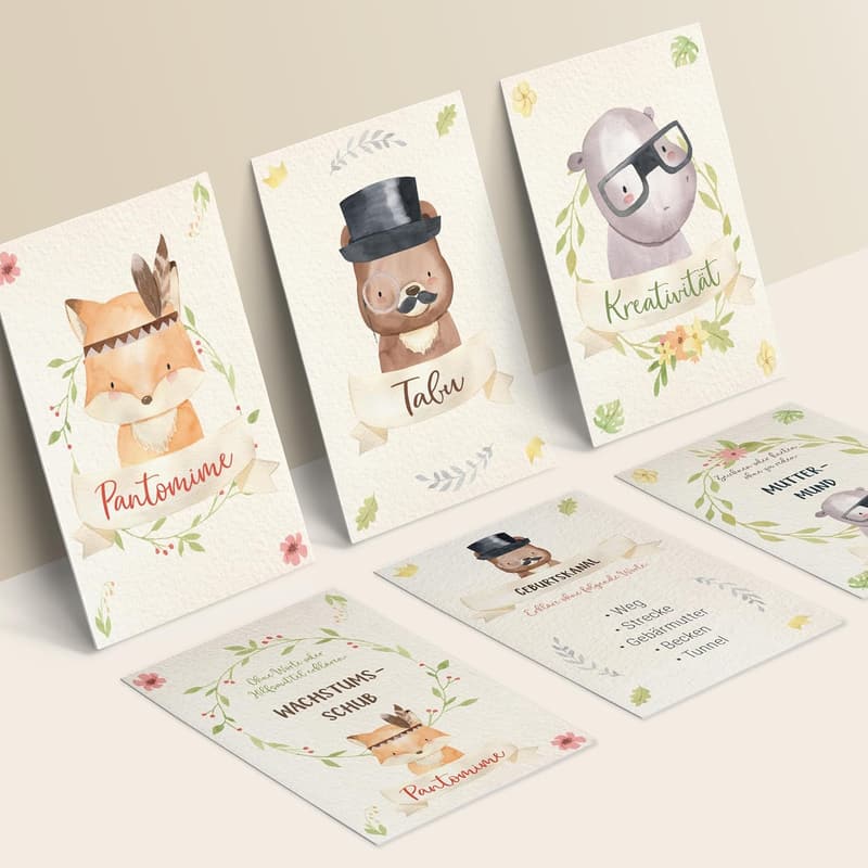 Lustiges Babyparty Spiele Set mit 51 Karten – Tabu & Pantomime