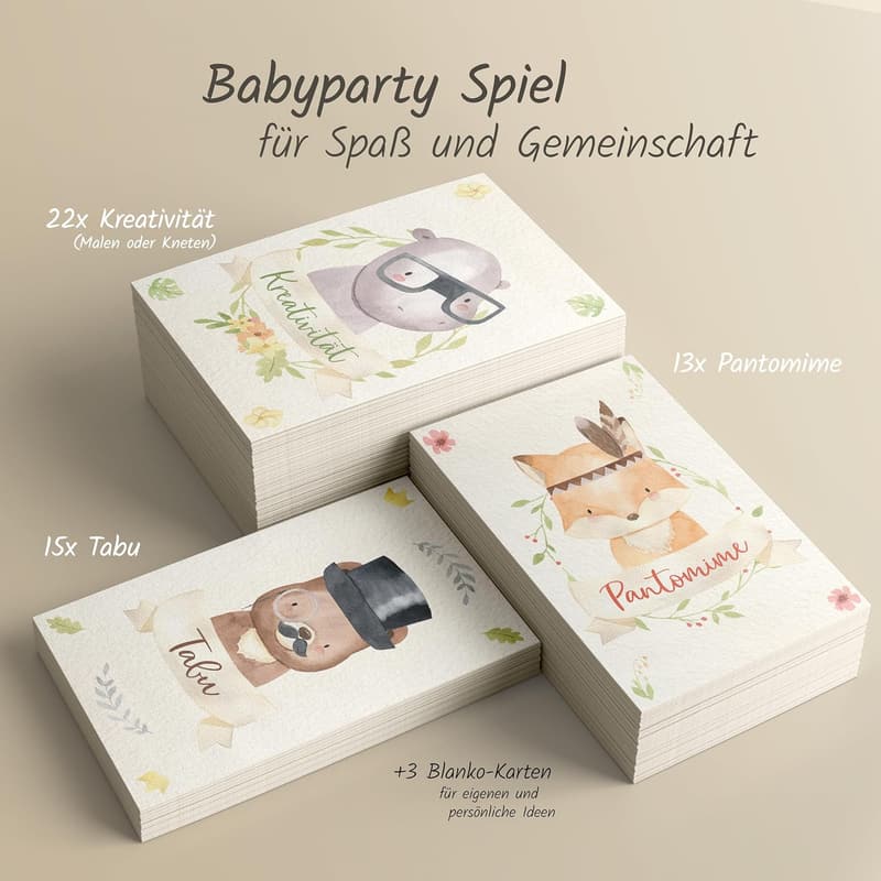 Lustiges Babyparty Spiele Set mit 51 Karten – Tabu & Pantomime