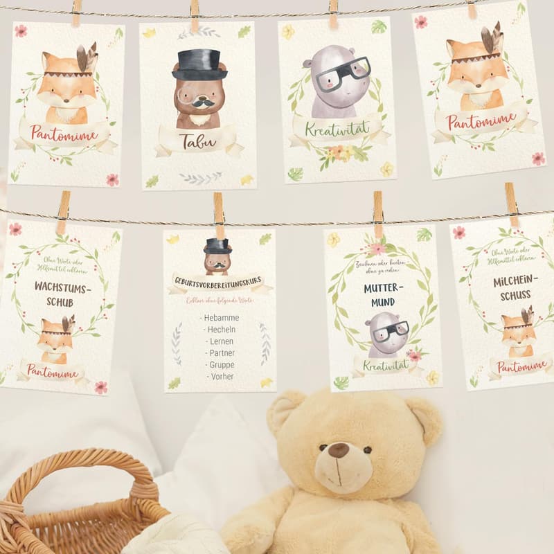 Lustiges Babyparty Spiele Set mit 51 Karten – Tabu & Pantomime