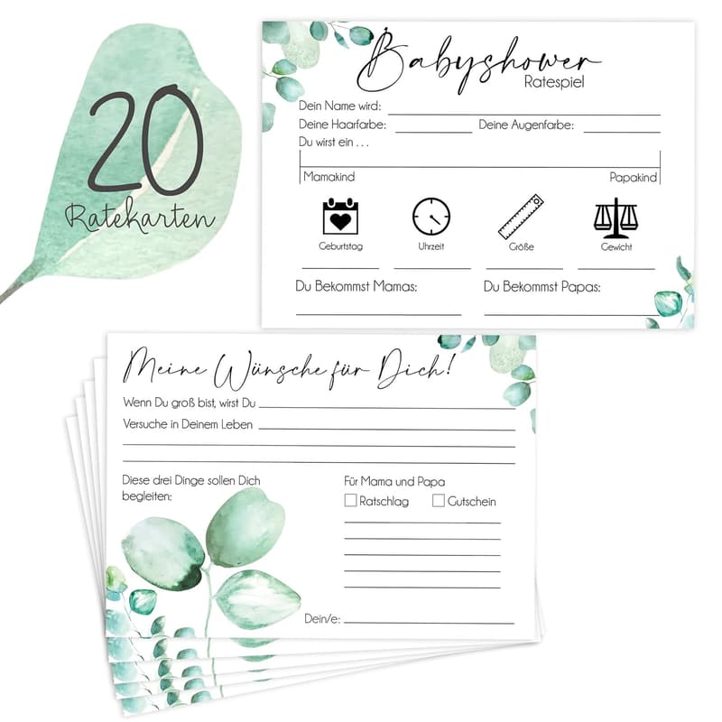Eukalyptus Babyshower Karten zum Ausfüllen – 20 Stück für Jungen und Mädchen