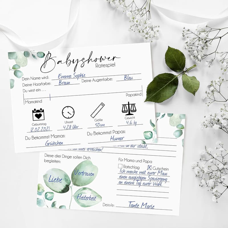 Eukalyptus Babyshower Karten zum Ausfüllen – 20 Stück für Jungen und Mädchen