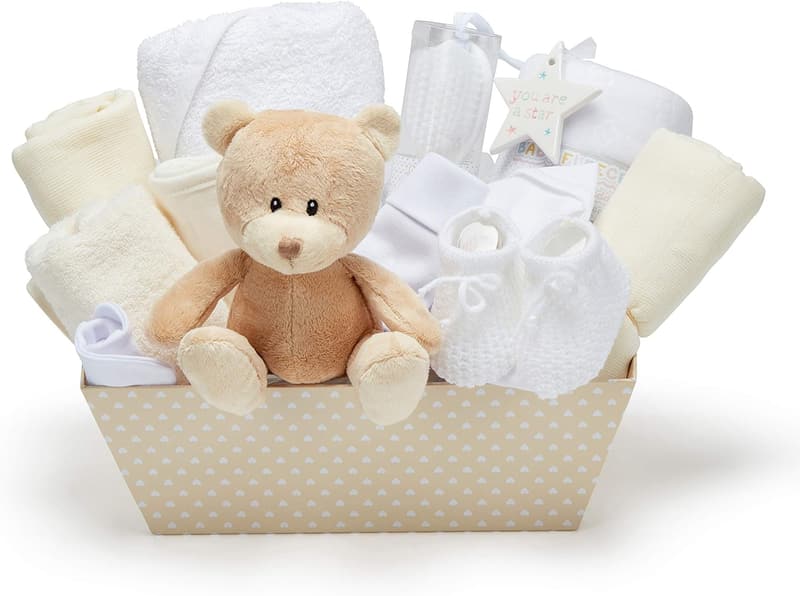 Neutrales Baby-Geschenkset mit Fleece-Wickeltuch und Teddybär