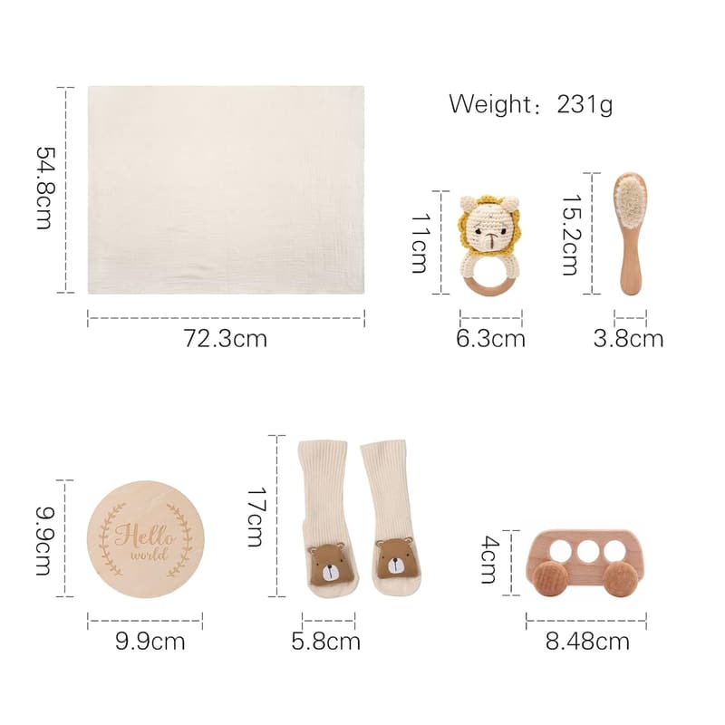7-teiliges Babygeschenk zur Geburt – Badetücher, Rassel, Holzspielzeug, Socken, Bürste, Meilensteinkarten (Löwe)