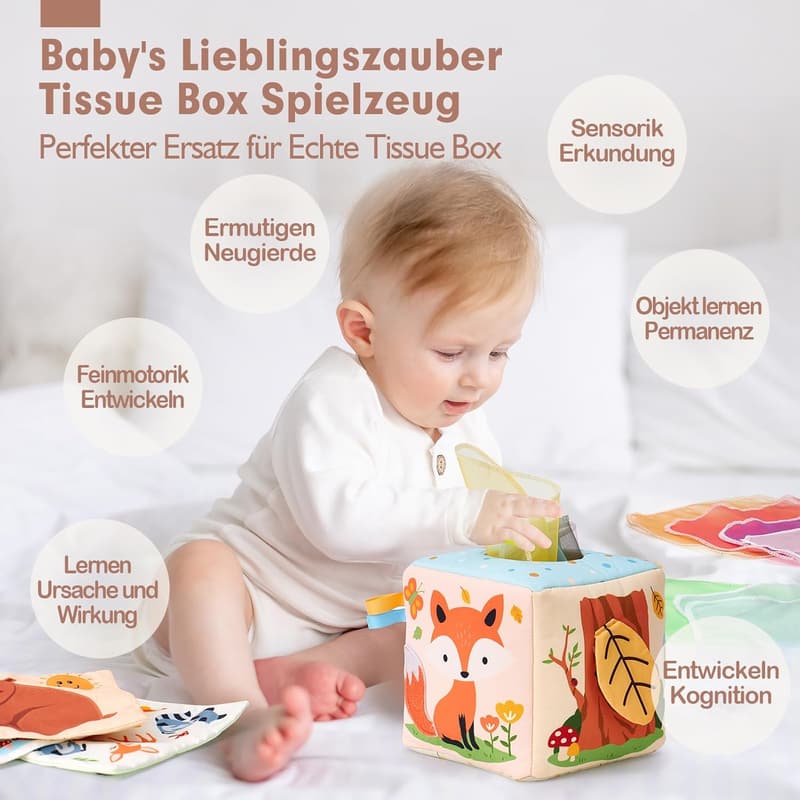 Montessori Spielzeug für Babys 6-12 Monate – Motorikspielzeug mit Tissue Box
