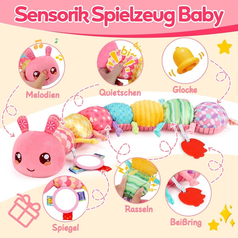 Montessori Musikspielzeug Raupe für Babys 0-6 Monate, Geschenk für Mädchen