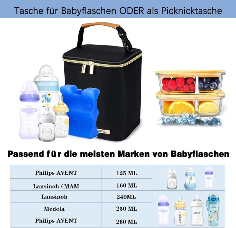 Isolierte Kühltasche für Muttermilch, geeignet für 4 Flaschen bis 270 ml