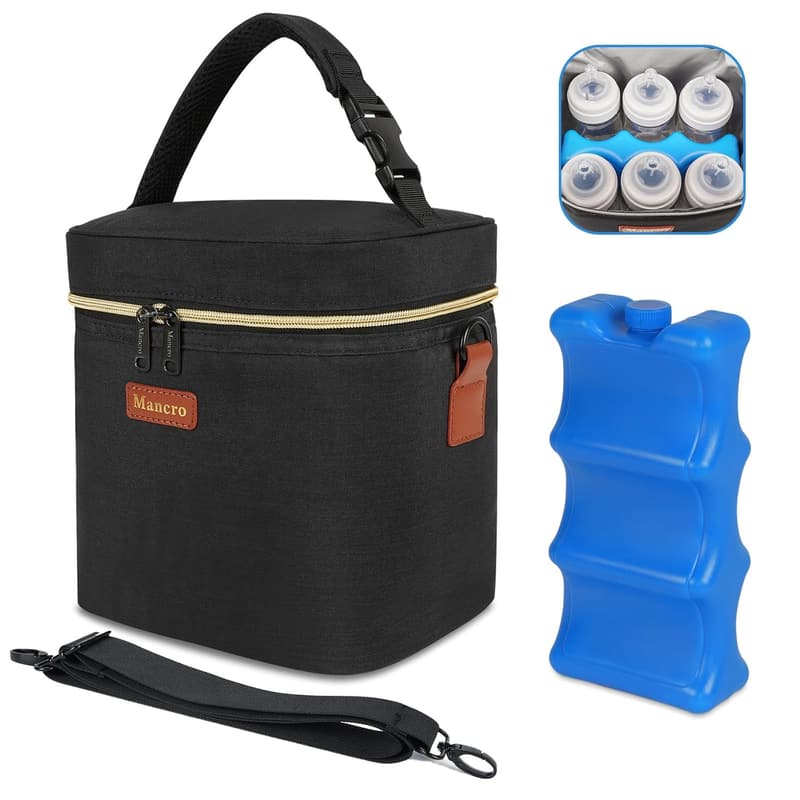 Isolierte Kühltasche für Muttermilch mit Eisbeutel, für 6 Flaschen, schwarz
