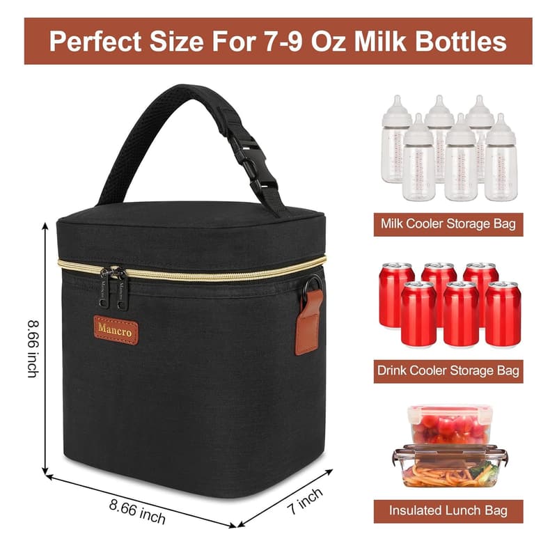 Isolierte Kühltasche für Muttermilch mit Eisbeutel, für 6 Flaschen, schwarz