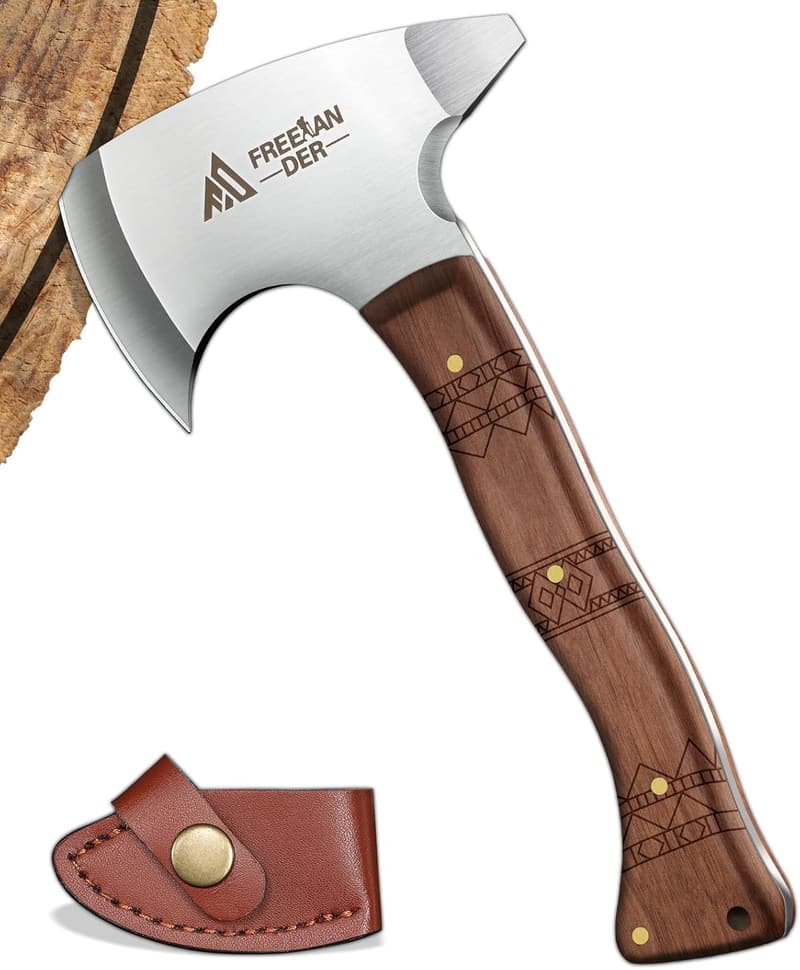 Survival Beil für Camping, 20cm, scharf mit Holzgriff und Scheide