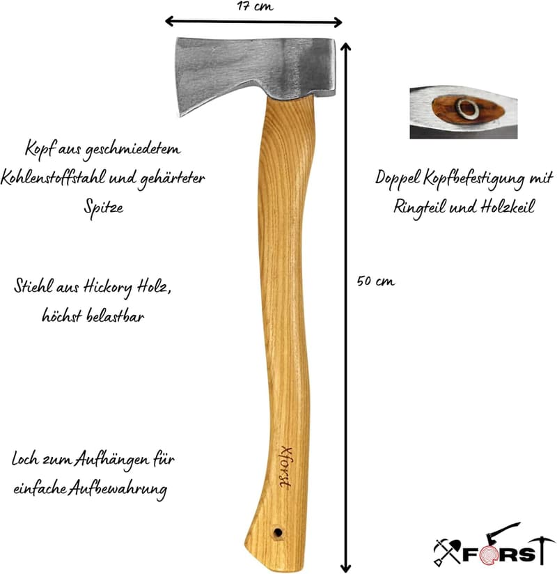 Xforst Waldaxt mit Hickory Holzstiel, 50 cm, 1,15 kg, optimierte Geometrie