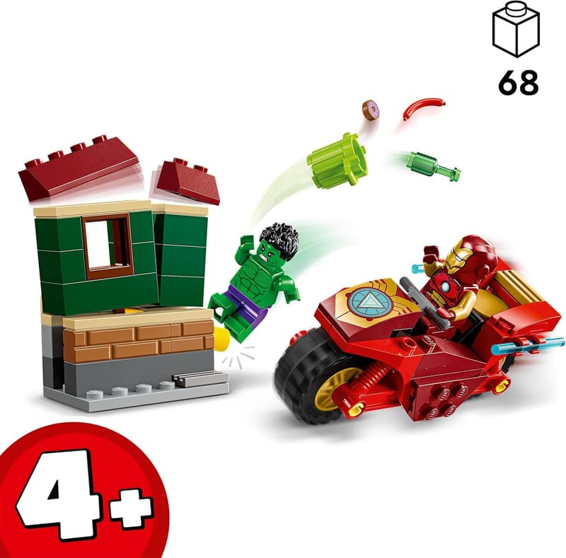LEGO Marvel Iron Man Set mit Bike und Hulk, Spielzeug für Kinder ab 4 Jahren