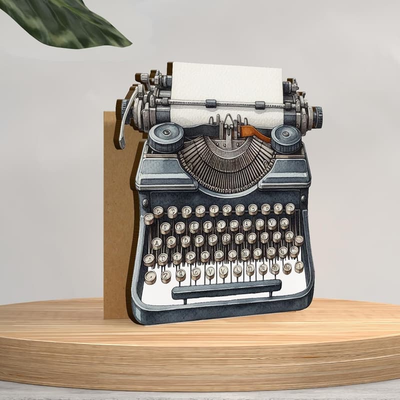 Retro Geburtstagskarte mit Schreibmaschine aus Holz – Geschenk für Autoren