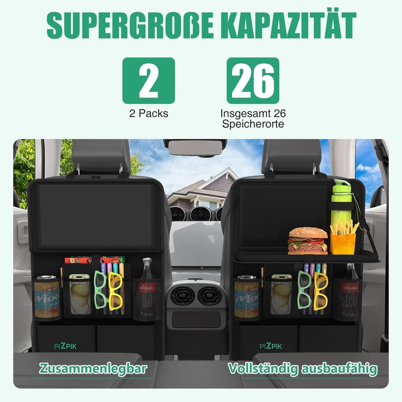 Auto Organizer für Kinder mit Klapptisch und 12 Taschen, wasserdicht (Schwarz, 2 Stück)