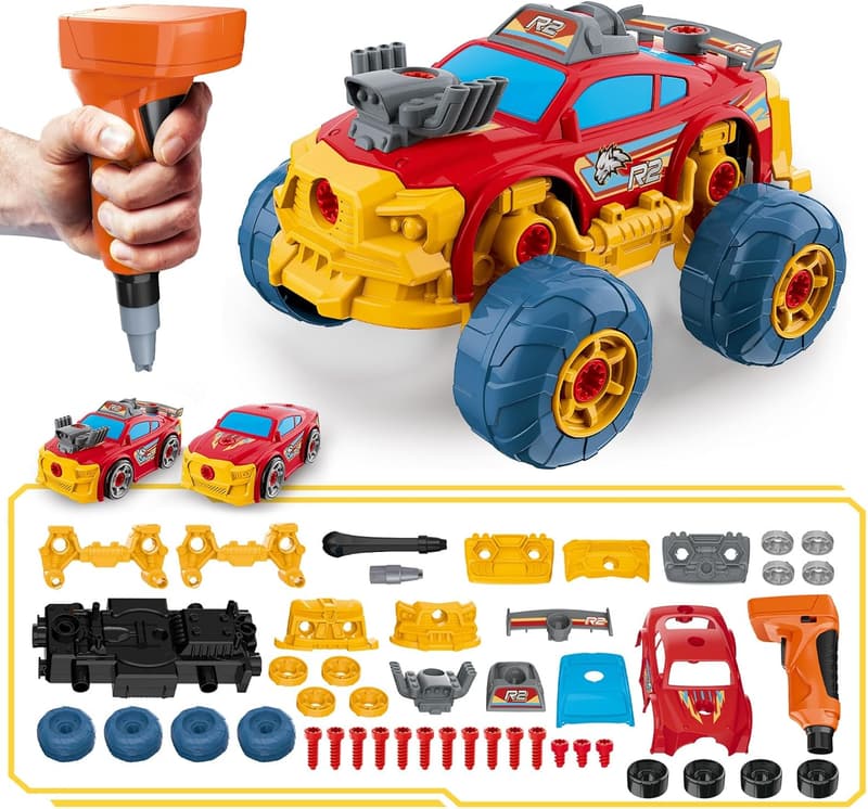 Abnehmbares Konstruktionsspielzeug-Auto mit Bohrer für Jungen, 46 Teile, STEM-Geschenk (Rot)