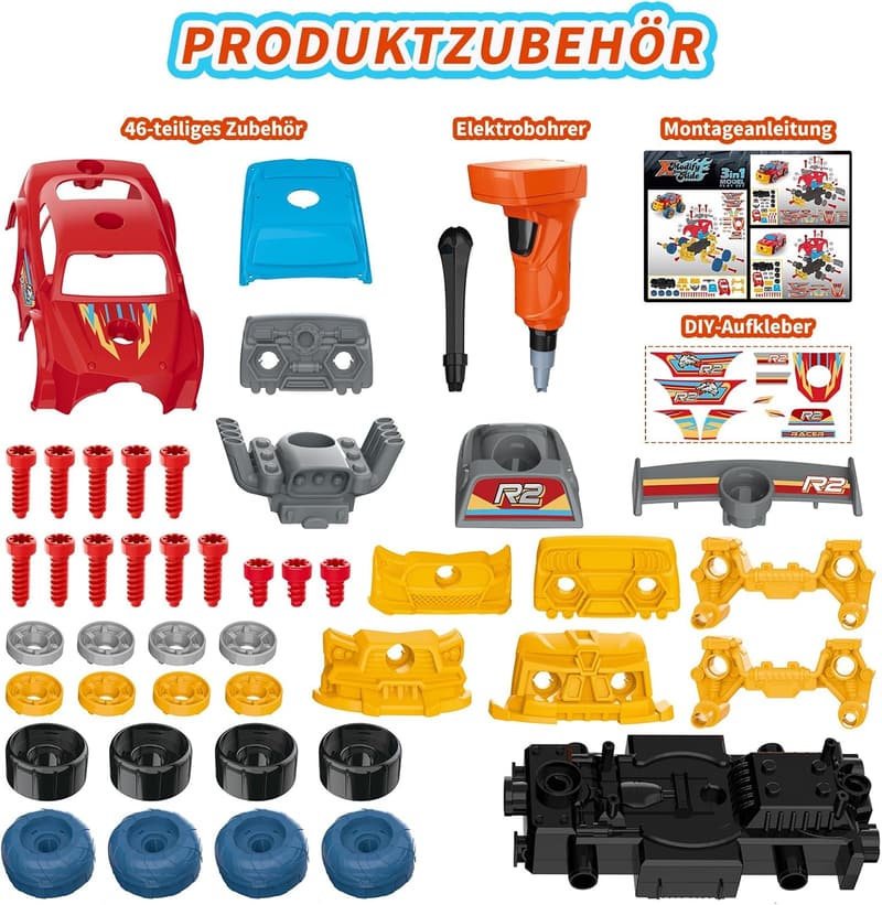Abnehmbares Konstruktionsspielzeug-Auto mit Bohrer für Jungen, 46 Teile, STEM-Geschenk (Rot)