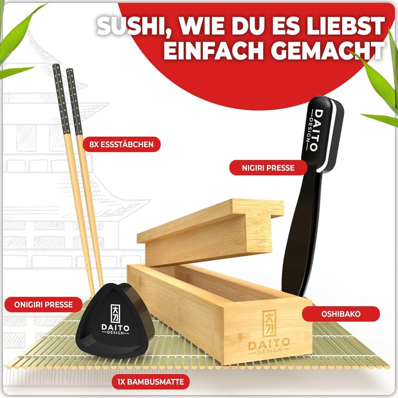 Sushi Maker Set mit Bambuszubehör und Rezepten für Anfänger und Profis
