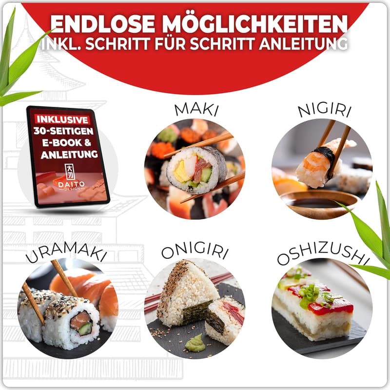 Sushi Maker Set mit Bambuszubehör und Rezepten für Anfänger und Profis
