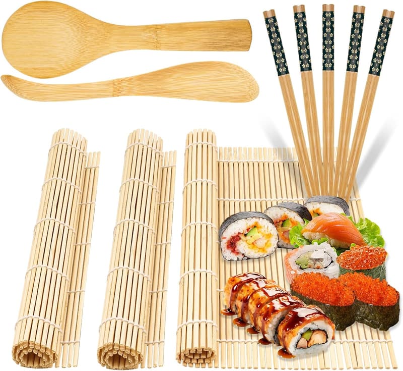 Wiederverwendbares 10-teiliges Sushi Set mit Bambusmatten und Essstäbchen