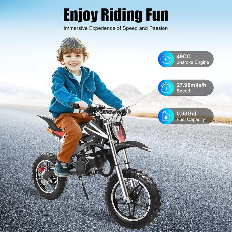 Kinder Dirt Bike 49cc - 10 Zoll Crossbike bis 60 km/h (Schwarz)