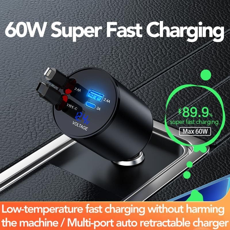 Einziehbares Auto Ladegerät 60W für iPhone und Typ-C Geräte