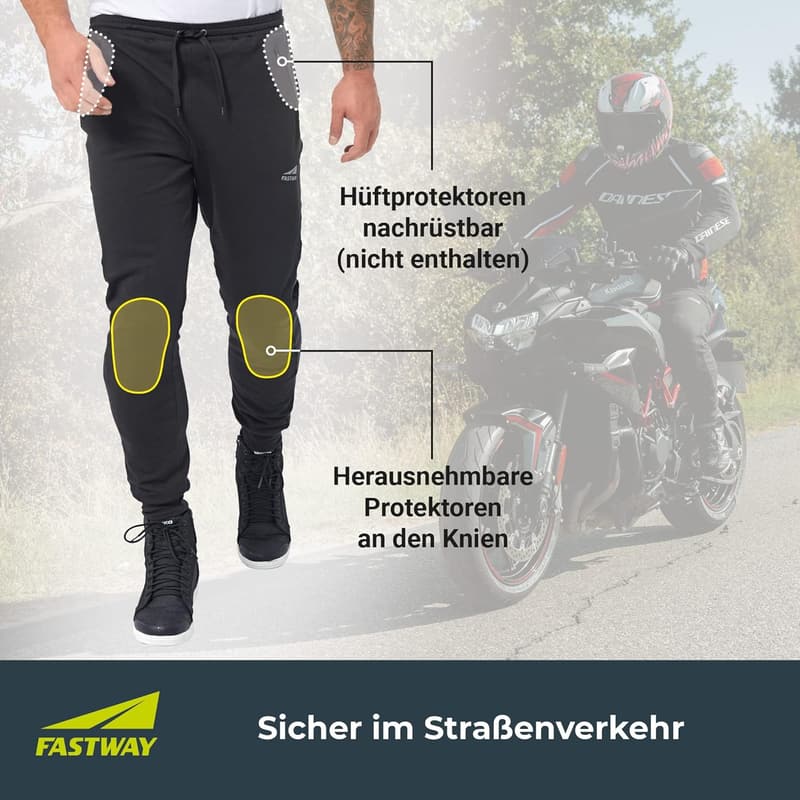 Zertifizierte Motorrad-Jogginghose mit entnehmbaren Knieprotektoren, Schwarz, Größen 50-64