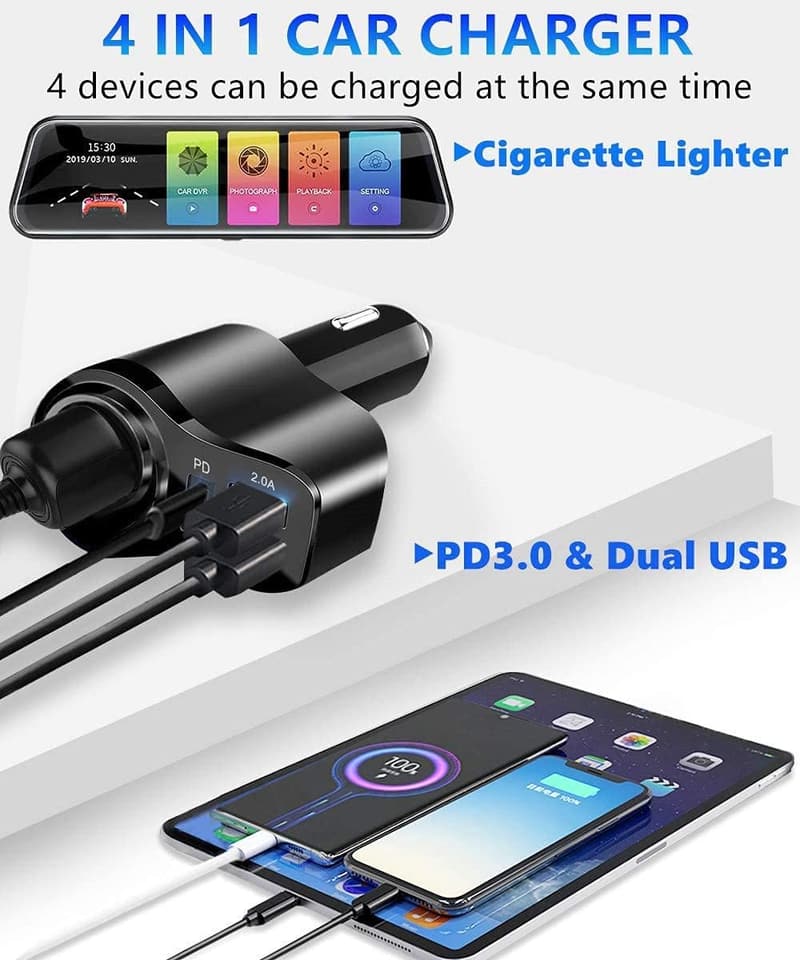 4-in-1 KFZ Ladegerät mit USB PD 3.0 Schnellladung für iPhone und Samsung