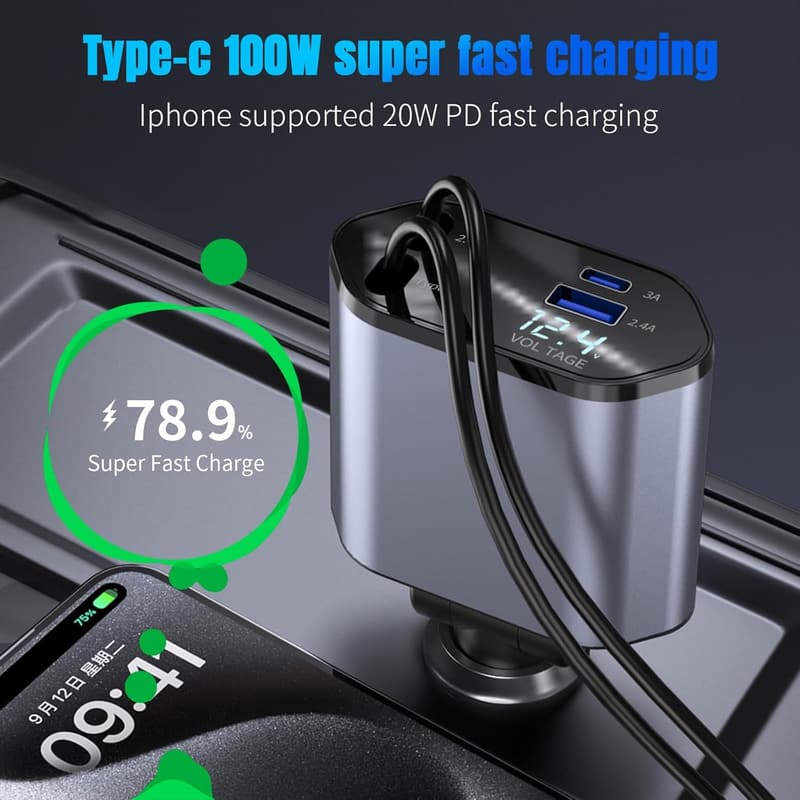 Ultraschnelles 100W USB-C Autoladegerät mit 4-fach Adapter