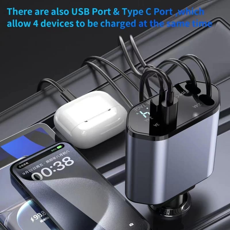 Ultraschnelles 100W USB-C Autoladegerät mit 4-fach Adapter