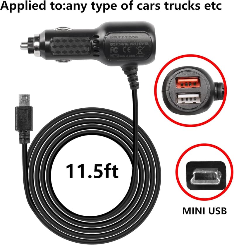 Dashcam Ladegerät mit QC3.0, 3,5m Mini-USB, Dual-USB-Anschlüsse