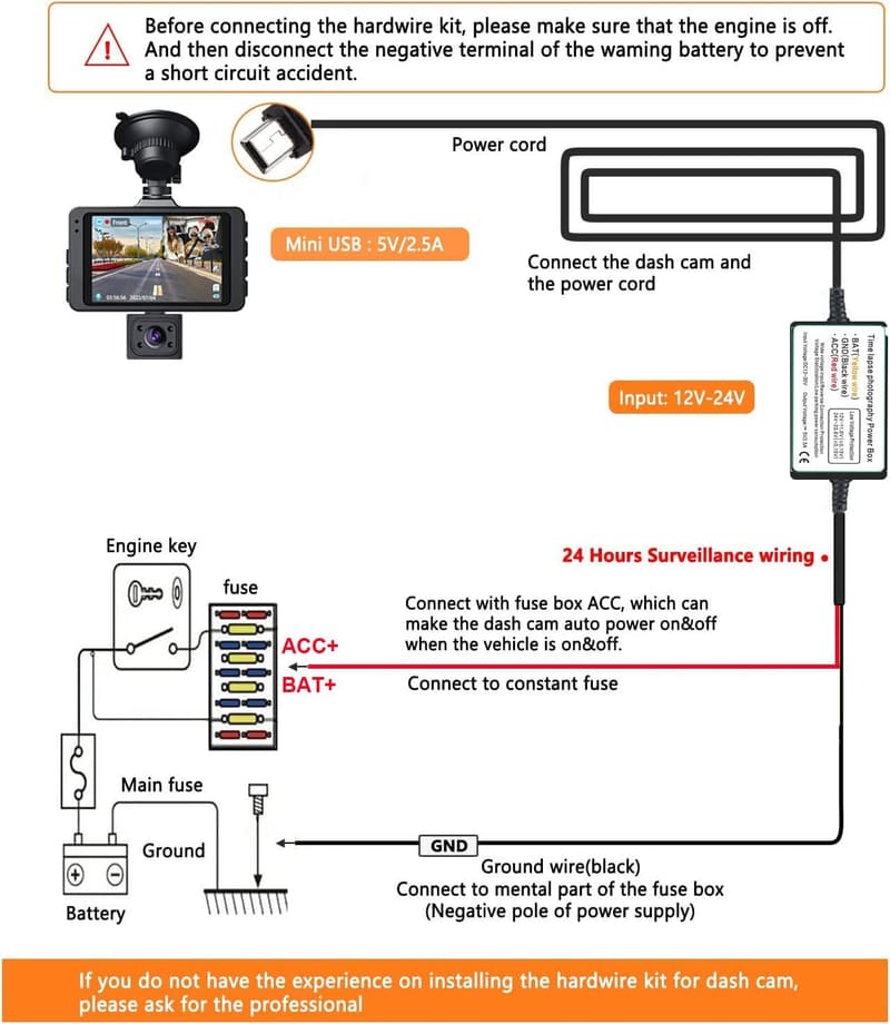 Dashcam-Hardwire-Kit mit Unterspannungsschutz für Kfz 12V-24V
