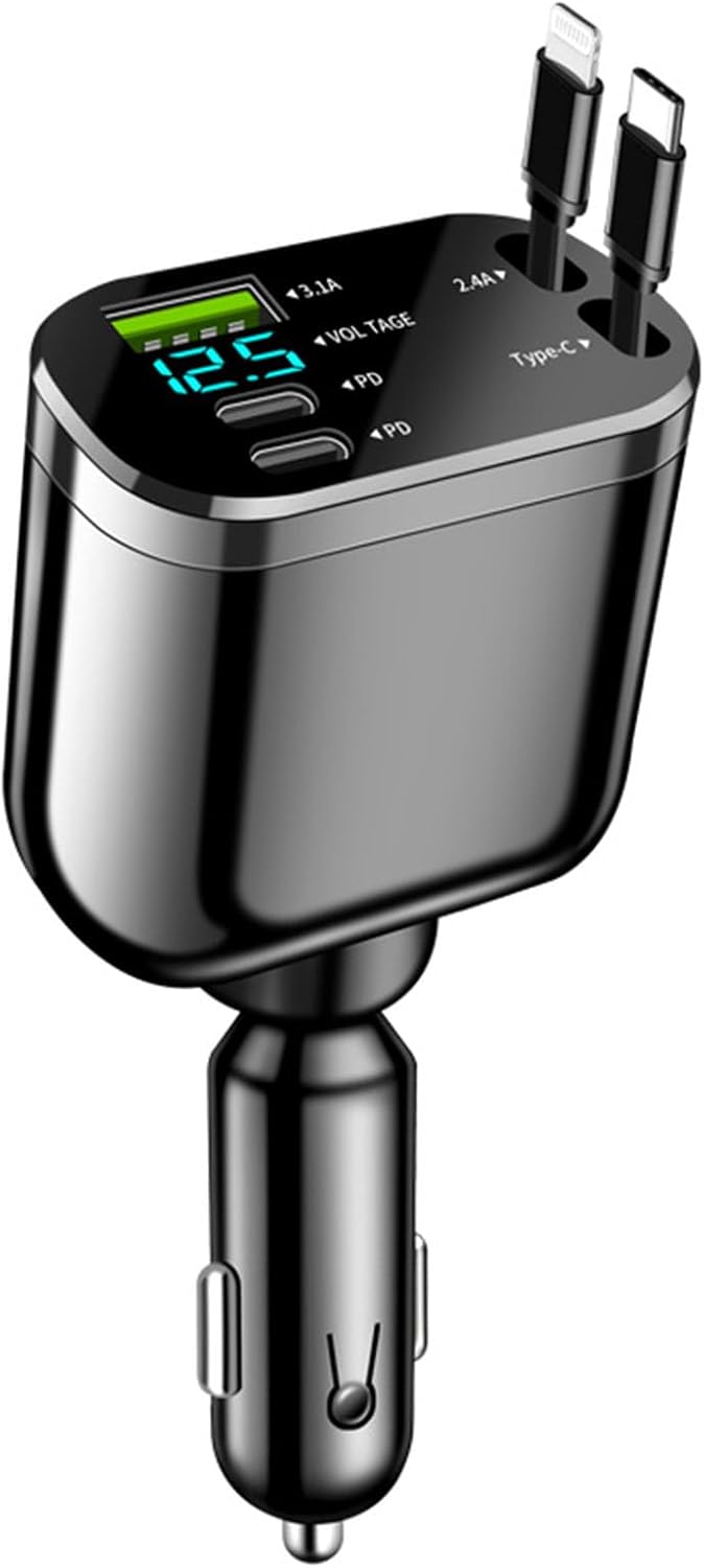 Einziehbares 5-in-1 USB C Autoladegerät mit 3 USB-Ports und LED Voltmeter