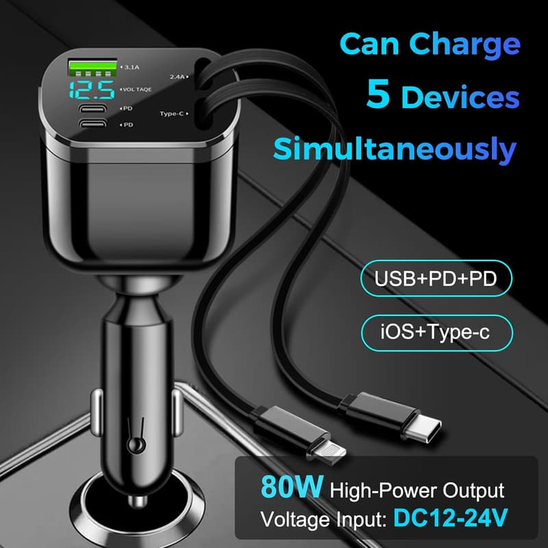 Einziehbares 5-in-1 USB C Autoladegerät mit 3 USB-Ports und LED Voltmeter
