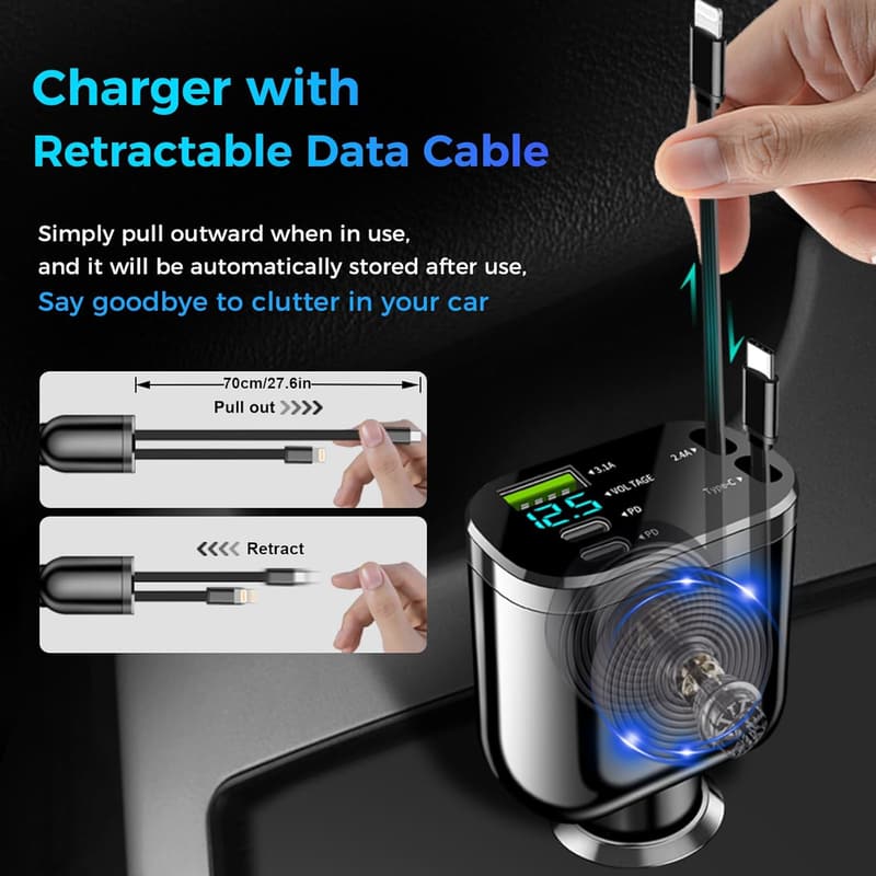 Einziehbares 5-in-1 USB C Autoladegerät mit 3 USB-Ports und LED Voltmeter
