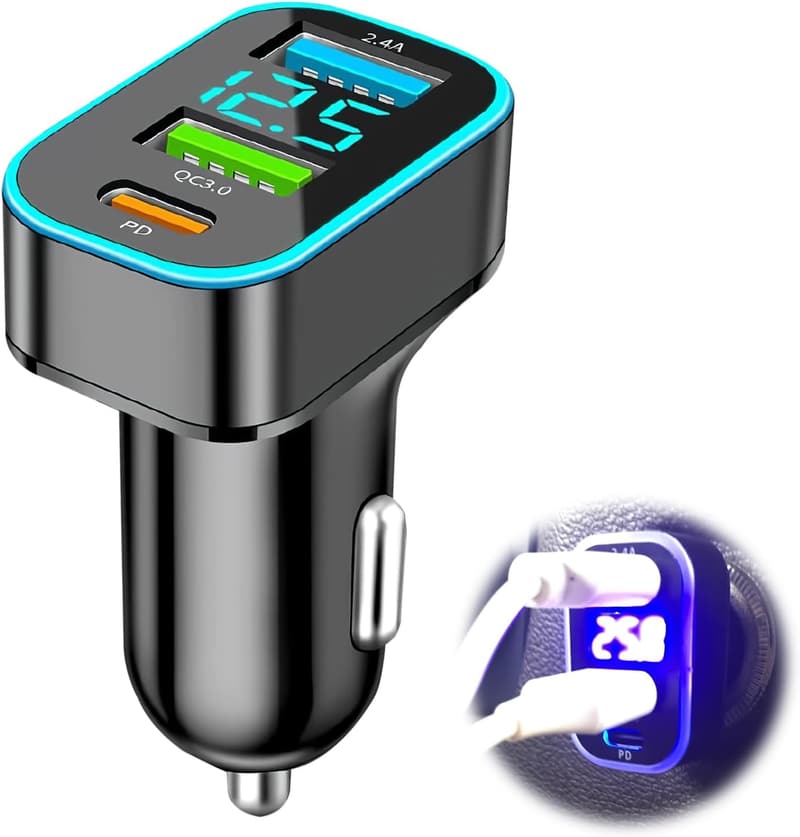 66W USB-C Auto-Ladegerät mit 3 Ports und LED-Voltmeter