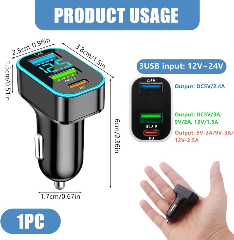 66W USB-C Auto-Ladegerät mit 3 Ports und LED-Voltmeter