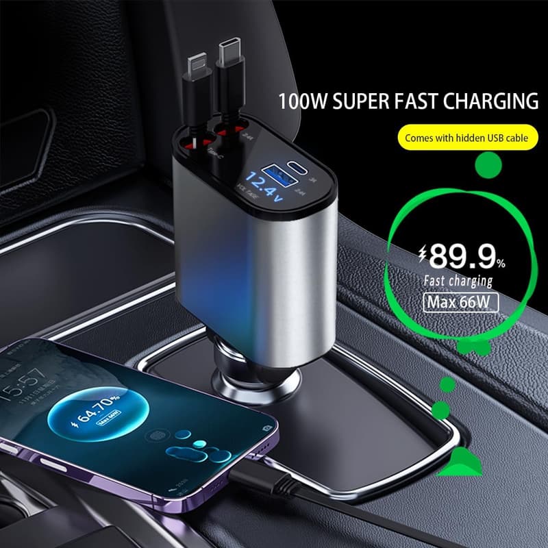Kwak Einziehbares Auto-Ladegerät 100W mit USB-C und Kabel