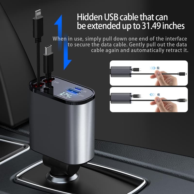 Kwak Einziehbares Auto-Ladegerät 100W mit USB-C und Kabel