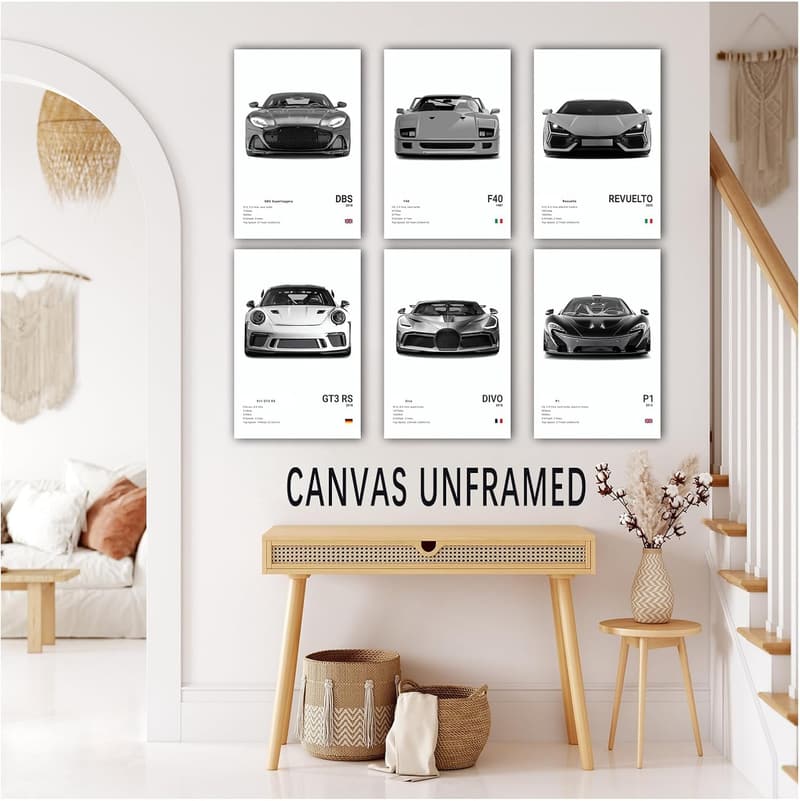 Sportwagen Wanddekoration - Schwarz-Weiße Leinwanddrucke für Jungen (6 Stück, 20 x 30 cm)