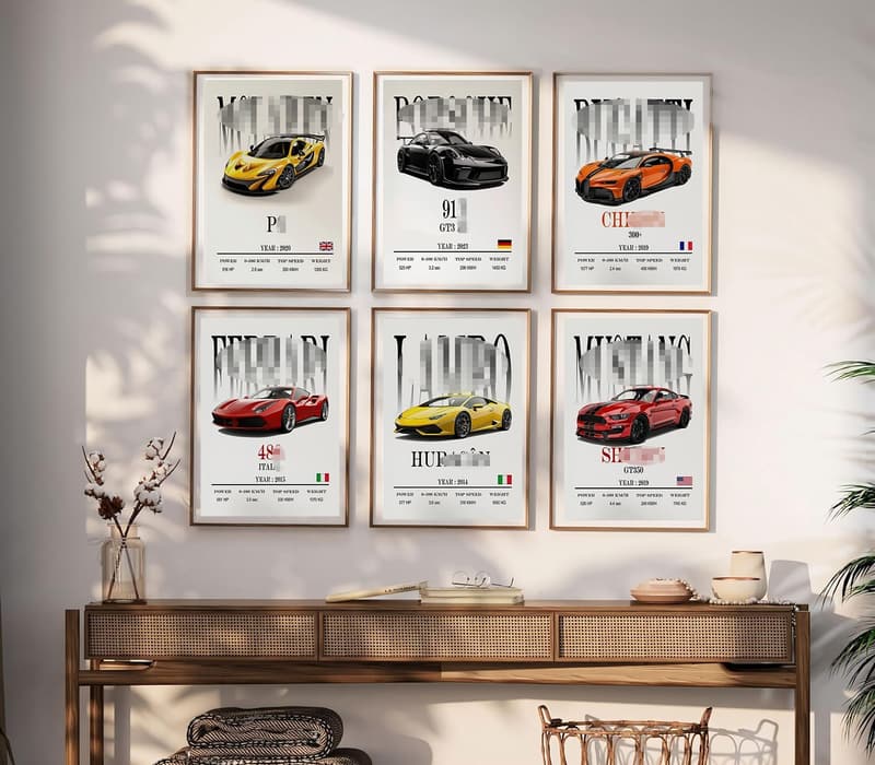 Vintage Rennwagen Poster Set für Jungenzimmer - 6 Stück, 8x12 Zoll