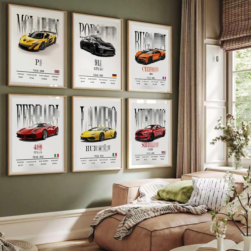 Vintage Rennwagen Poster Set für Jungenzimmer - 6 Stück, 8x12 Zoll